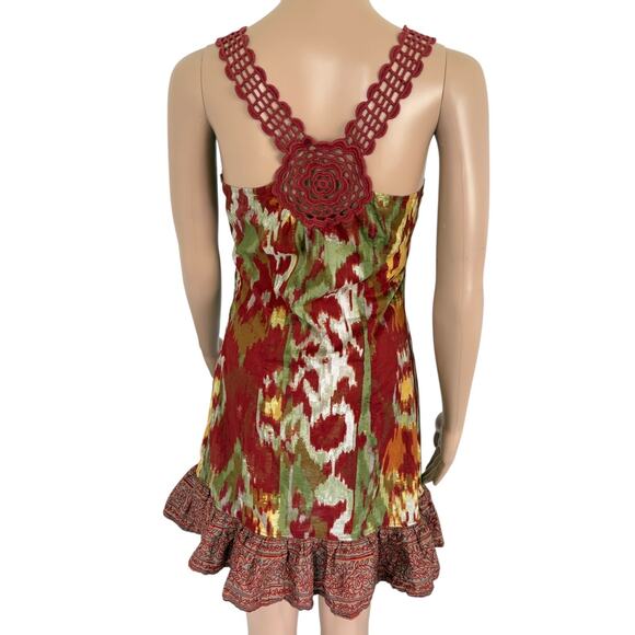 Y2K Esprit Boho Ikat Print Mini Dress Earthy Indie Sleaze Crochet Ruffle Hem 4 - Picture 1 of 7